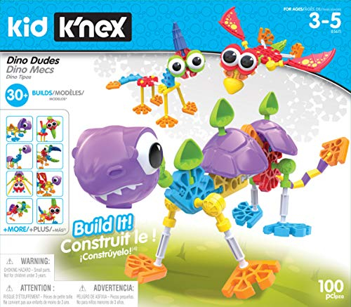 Dino Dudes-Baukasten, Kid K'NEX, Basic Fun, 85611, Bastelset für Kinder mit 100 Teilen, lustiges Konstruktionsspielzeug für Jungen und Mädchen, Dinosaurier-Spielzeug für Jungen und Mädchen Ab 3 Jahren