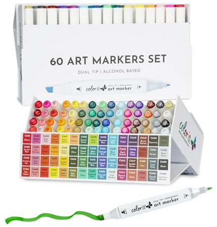 ColorIt 60 Dual Tip Art Markers Set For Coloring - Double Sided Artist Alcohol Permanent Markers With Bullet And Chisel Tip
