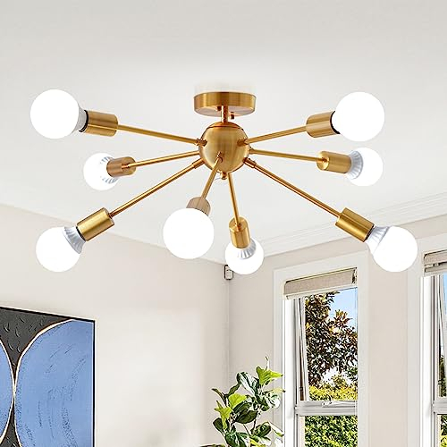 ASHUAQI Kronleuchter Gold, 8 Flammige Modern Wohnzimmerlampe, E27 Fassung Deckenlampe Vintage Deckenleuchte Industrial Sputnik Lampe für Wohnzimmer, Schlafzimmer, Esszimmer, Flur, Eingänge