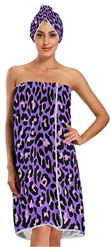 Xigua - Accappatoio da donna per spa/bagno, leggero e regolabile, morbido e caldo accappatoio da donna, con cappuccio e fascia per capelli, con stampa leopardata viola e rosa