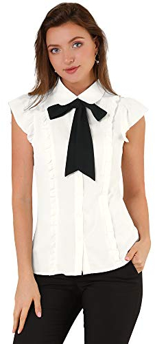 Allegra K Damen Ärmellos Top Bubikragen Krawatte Rüschen Fliege Knopfleiste Chiffon Shirt Bluse mit Schleife am Kragen Weiß L