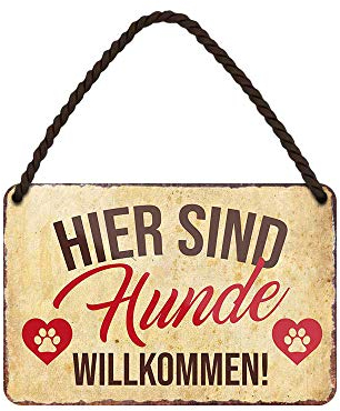 helges-shop Hunde Willkommen Schild - Metallschild mit Kordel und Saugnapf - Retro Deko Hunde Blechschild für Haustür Flur Eingang - Geschenk für Hundeliebhaber Hundebesitzer Hundefans - 18x12cm