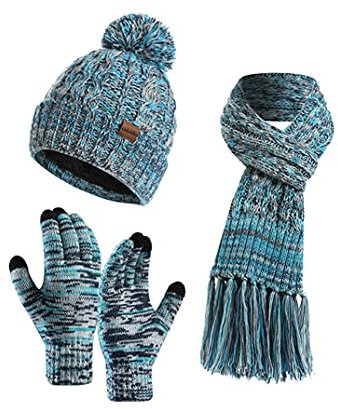 KRIPINC Mütze, Schal & Handschuh-Sets für Herren Damen Junge Mädchen, Warm Winter Drei in Einem Mütze Schal Handschuhe Set, Weihnachtsgeschenke für Familie und Freunde (Stil-C, Seeblau)