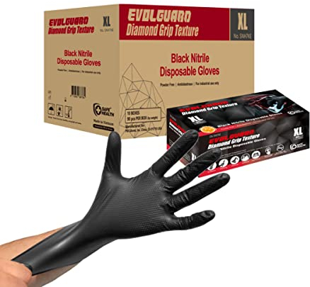 Safe Health Gants jetables en nitrile taille XL Noir, Résistants Épais 5,5 Mil, Texture Diamant Losange, Lot de 900, Sans latex Sans poudre, Résistants à l'huile, Auto Mécanique Maintenance Plomberie
