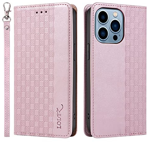 LOLFZ Case for iPhone 13 Mini, Leather Flip Wallet Case Card Slots Kickstand Wrist Strap Protective Magnetic Phone Case Cover for Apple iPhone 13 Mini - Rose Gold