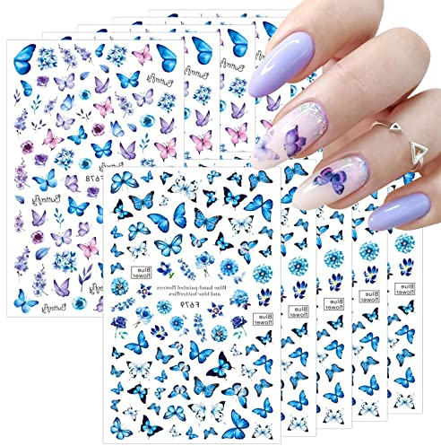EACHPT Nagelsticker, 10 Blätter Nagelsticker Selbstklebend, Blauer Schmetterling Nageltattoos, 3D selbstklebend, DIY Design Nail Art Design Deacoration, Nail Sticker Decals für Frauen Mädchen