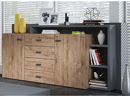 Lomadox Sideboard mit Regal in Eiche Ribbeck Nb. mit Absetzungen in anthrazit, B/H/T: ca. 180/98/37 cm