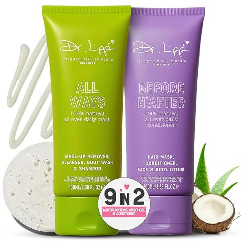 Dr. Lipp Wash & Glow [ALL WAYS & BEFORE N' AFTER 2x100ml] – 9-in-2 Duschgel, Body Lotion, Gesichtsreiniger, Shampoo, Conditioner & mehr – 100 % natürliches Aloe Vera & Kokosöl – Reisegröße & duftfrei