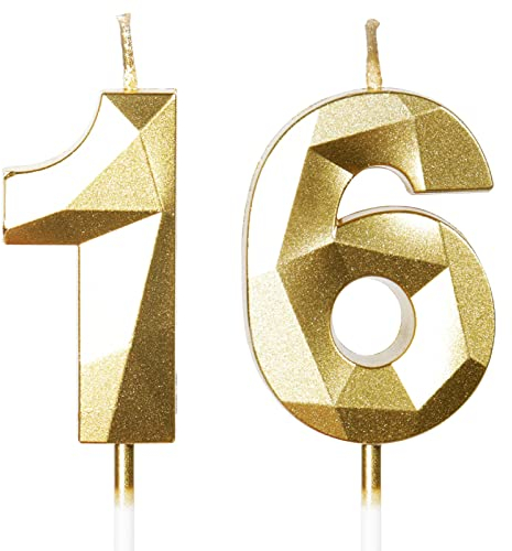 Yiran Geburtstagskerzen Zahlen 16, 5cm Gold, Kerzen für Geburtstag, Torten- und Kuchendeko, Nummer 16