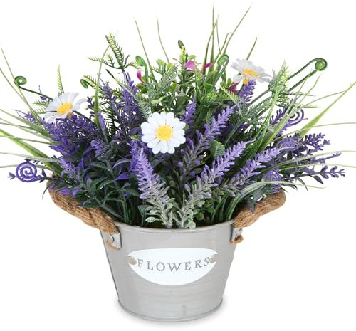 MIXROSE Piante finte viola artificiali fiori di lavanda in vaso zincato con margherita bianca altezza 25,4 cm piante realistiche in vaso finto per casa, ufficio, soggiorno, patio, tavolo, fattoria,
