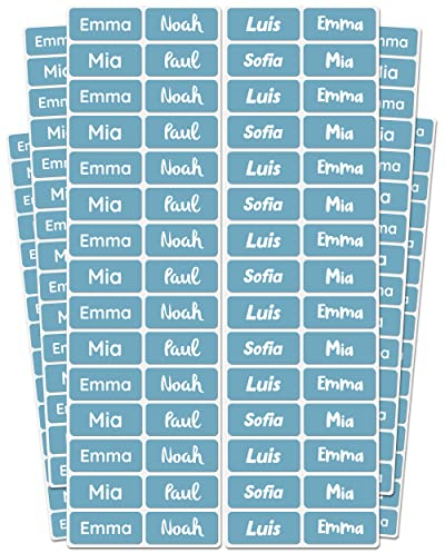 melu kids® Namensschilder für Kleidung & Gegenstände (120 Stück, einfarbig) Kindergarten/Schule - Namensaufkleber Kinder Wasserfest und Personalisiert - blau