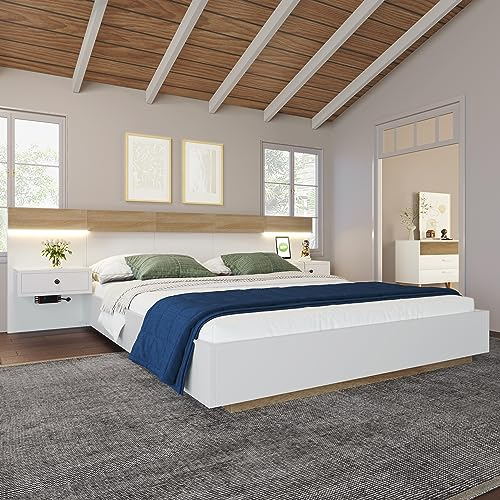 Merax Doppelbett Bettanlage mit 2 LED Nachtkommoden und USB C, Holzbett Bettrahmen mit Kopfteil und Lattenrost, 160 x 200 cm, Stilvolle Schwebebett, Schlafzimmer Komplett-Set, Weiß & Eiche Sonoma