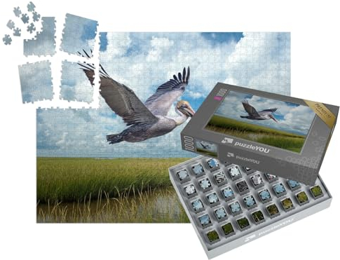 puzzleYOU: SMART Sorted® | Puzzle 1000 Teile leicht gemacht „Brauner Pelikan im Flug über Sumpfgebiete bei Grand Isle Louisiana“ – aus der Puzzle-Kollektion Pelikane