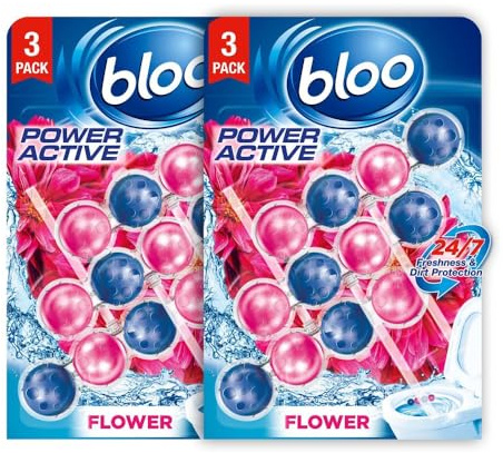 Bloo Power Active Toilet Rim Block Fresh Flowers, with Anti-Limescale, Cleaning Foam, Dirt Protection and Extra Freshness - Pack of 6 Rimblocks