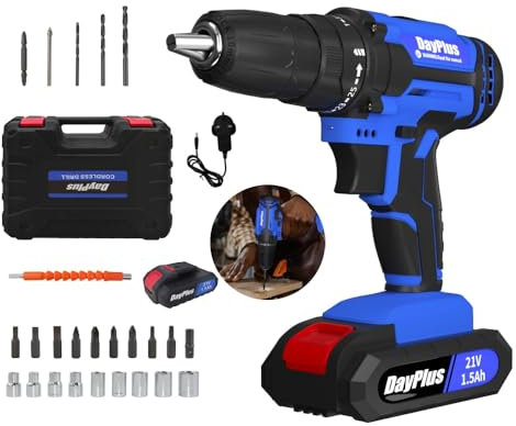 Xinng Cordless Drill Driver 21V,Cordless Drill Power Tool Electric Screwdriver,25+1 Torque,2 Speed,LED Light,26 Accessories,Cordless Combi Drill Kit for Home and Garden DIY, (1 Battery)-Blue
