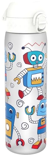 Ion8 Water Bottle, 500ml/18oz, Slim Leak-proof & BPA-Free Drinking Bottle, Secure Lock Prevents Spills, Dishwasher Safe, Carry Handle, Ideal for Adults & Kids - Travel, Gym & School, White, Robots