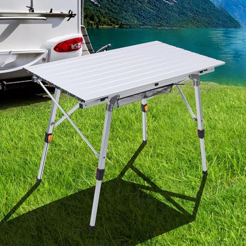 JOUYEK Table pliante, table de camping d'extérieur avec pieds réglables, table de camping enroulable en aluminium léger avec sac de transport, organiseur de rangement en maille, pour cuisine,