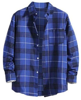 Men's Classic Gingham Check Shirt - Button Down, Regular Fit, Plaid, Casual, Chequered with Pocket, Durable, Wrinkle-Resistant, Curved Hem, Long Sleeve Top - Blue