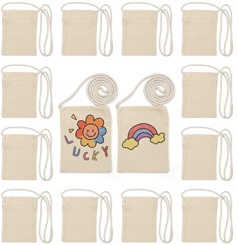 ZYNERY 14 Stück Stoffbeutel zum Bemalen, DIY Kinder Umhängegeldbeutel, DIY Kleine Schultertaschen Beutel zum Bemalen, Beige Stoffbeutel zum Bemalen für Schulen, Bastelkurse, DIY-Geschenke