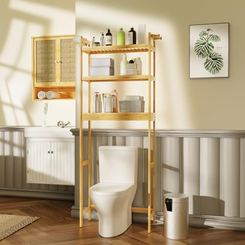 unho Étagère de Toilettes Salle de Bain: Meuble de Rangement à 3 Niveaux en Bambou Organisateur WC avec Étagère Réglable - 63x26x170cm