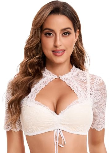 Goxozzy Dirndl Bluse Damen Oktoberfest Trachtenbluse Sexy Jacquard mit Knopf Weiß Schwarz Größen 34-44​ (DE/NL/SE/PL, Numerisch, 44, Regular, Regular, Weiß)