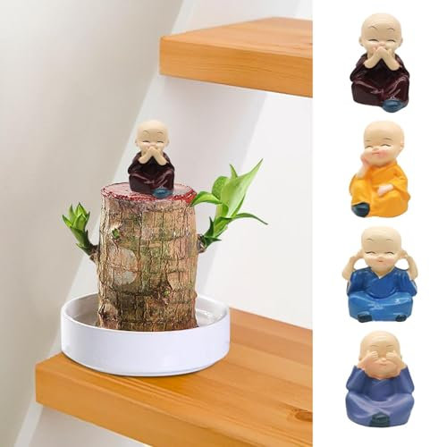 Lot de 4 mini statues de bouddha porte-bonheur brésilien en bois pour bureau, décoration d'intérieur, de bureau, de maison, de plantes et de fleurs