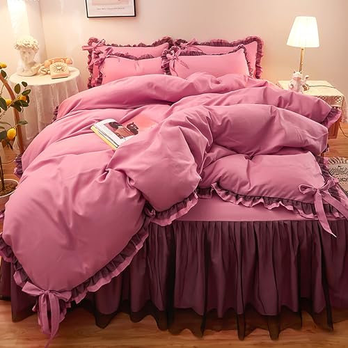 GETIYA Parure de lit à volants rose foncé 135 x 200 cm pour femme/fille - Housse de couette avec nœud - Couleur unie - Microfibre élégante - Avec 1 taie d'oreiller 80 x 80 cm - Rose