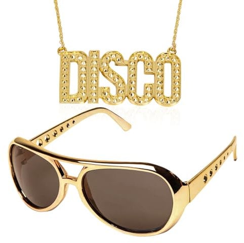 2 Stück Hippie Accessoires,Disco Gold Kette & Partybrillen Set,70er 80er 90er Jahre Outfit Herren Zubehör,Hip hop Zuhälter Elvis Kostüm,Sonnenbrille Herren,für Halloween Fasching Karneval Thema Party
