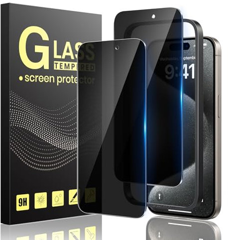 Guretok 2 Stück für Schutzfolie Sichtschutz für iPhone 15 Pro Max mit Rahmen 6,7 Zoll, Dunkle Schutzglas für iPhone 15 Pro Max Privacy Glas [Kratzfest] [9H-Härte] [Anti-Spy Folie]