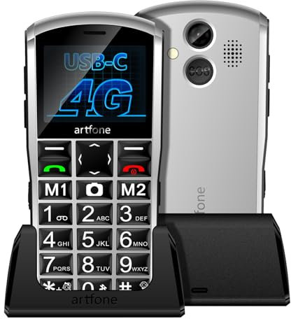 artfone A400 4G Seniorenhandy ohne Vertrag | Dual-SIM, SOS Notruftaste, Ladestation, Kamera, Kurzwahl | Einfaches Handy mit 2,4-Zoll-Farbdisplay, Deutsche Menüführung, Große Tasten & Schrift | Silber