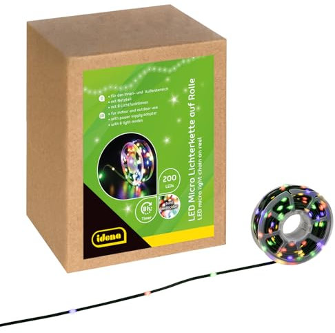 Idena 30541 - LED Micro Lichterkette mit 200 LEDs in Bunt, für Außen & Innen, ca. 22,9 m lang auf Rolle, 8 Stunden Timer Funktion, zum Basteln, als Party Deko, Weihnachtsdeko