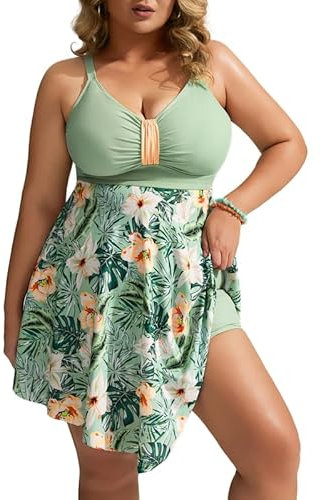 Hanna Nikole Plus Size Swimwear Skirted One-Piece Swimsuits Tummy Control Swimwear Shape Swimming Costume Ruffled Swim Dress Soft Bathing Suits with Swim Shorts