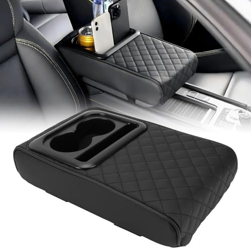 WODHMIEY Center Console Armrest Pillow, Faux Leather Car Armrest Box Pad, Universal Fit Arm Rest Cushion for Cars, SUVs, Trucks with Cup Holder, Preventing Arm Fatigue for Long Journeys(Embroidery)