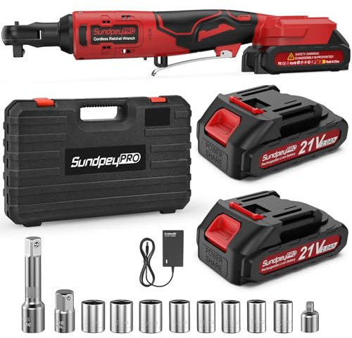 SundpeyPRO 3/8 Cordless Ratchet Wrench - 100N·m/75Ft-lbs Power Ratchet Wrench with 2 X 2.0Ah Battery - 21V Electric Ratchet Wrench Set with 1/2 & 1/4 Adapter & 8 Sockets & 3 Extension Bar & Case