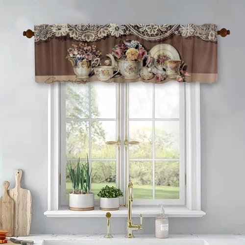English Rose Enamel Tea Set Printed Windows Treatment Valances Elegant Romantic Kitchen Curtains Blackout Drapes Topper Panel with Rod Pocket for Bathroom Bedroom Living Room 54x18Inch