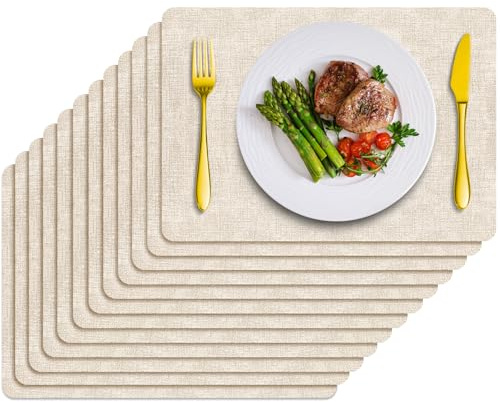 BARTHKIT Tischsets 12er Set Abwaschbar Hitzebeständig Tischset Abwischbar Kunstleder Platzsets Rutschfest Wasserdicht Quadratisch Tischmatten für Innen Außen Beige