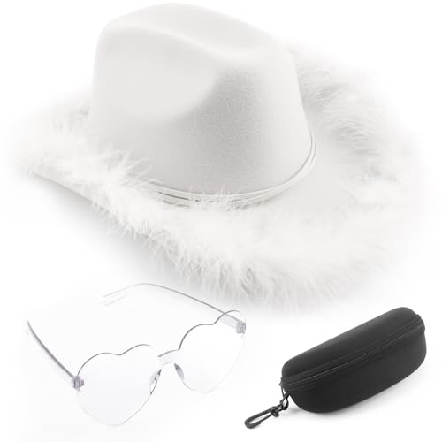 DRESHOW Cowboyhut Damen mit Feder Cowgirlhut mit Herzbrille Brillenetui Set Flauschige Westernhut Cowgirl Hüte Cowboy Kostüm Accessoires für Party Halloween Karnevalsfeiertage
