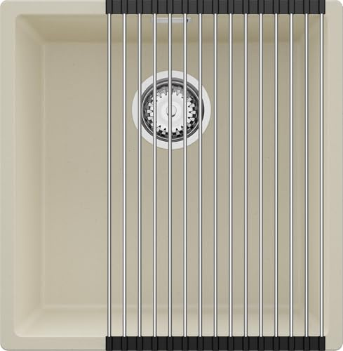 PRIMAGRAN Fregadero bajo Encimera al Mueble 50cm + Kit de desagüe, 46x47cm | Set: Kit de desagüe (sifón, válvula, rebosadero) + Enrollable Escurridor + London 1 Seno para Cocina, Beige
