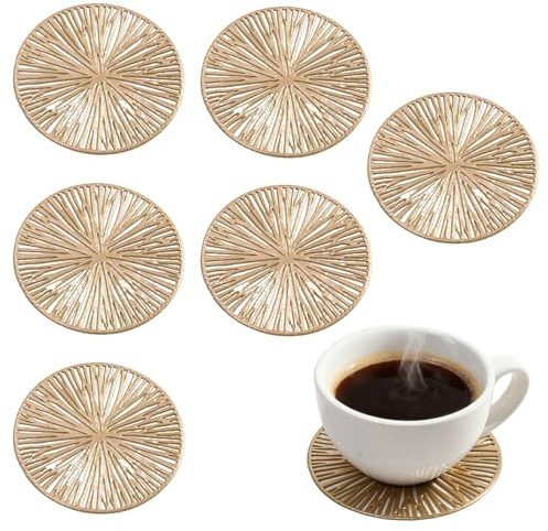 VBSYUYQ 6 Pack Gold Round Drink Coasters, Non-Slip Waterproof PVC Cup Mats, Heat Resistant Reusable Coasters for Home, Garden, Patio, Bar & Coffee Table