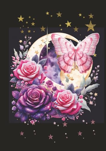 Celestial Journal (Diary, Notebook) Pink Butterfly Moon Blue Roses: 158 Lined Pages, Hardcover