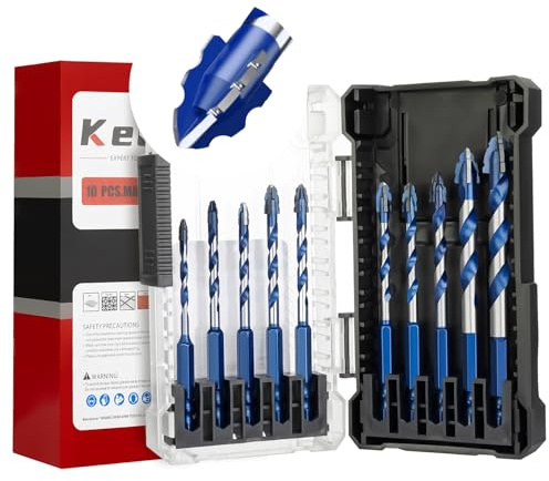 Keewaki Cross-Tip Carbide Drill Bits with Serrated Teeth, 5/32–1/2 10-Piece Masonry Drill Bit Set for Tile, Concrete, Brick & Wood – Hex Shank Ceramic Drill Bits with Storage Case
