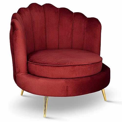 MG Design Samt Muschelsessel in Rot – Moderner Cocktailsessel mit goldenen Beinen, gepolsterter Rückenlehne und großem Sitz für Wohnzimmer oder Schlafzimmer
