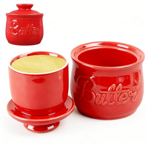 HATOVI Butter Dish with Lid, French Butter Crock with Waterline, Ceramic Butter Keeper with Water Line for Fresh Spreadable Butter