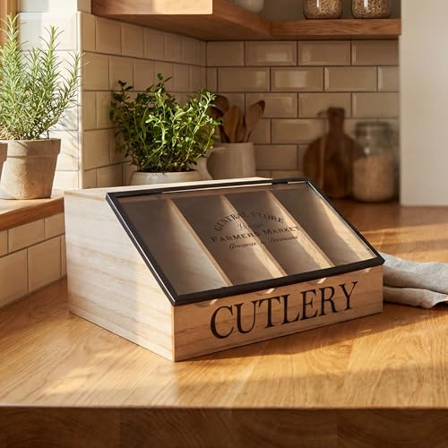 Maison Des Cadeaux Vintage Farmhouse 4-Compartment Utensil Cutlery Caddy for Countertop Dining Table, Wooden Flatware Organizer