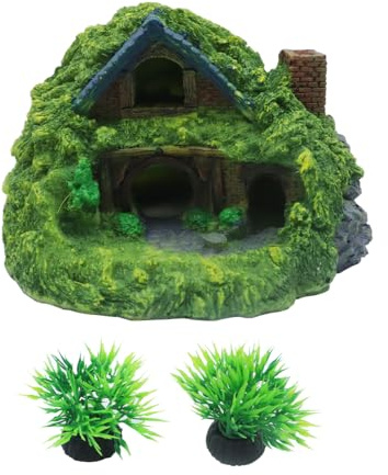 Riven Aquarium Dekoration, Hobbit Haus, Betta Versteck Höhle, Reptil Versteck mit Hohlloch für Aquarien, Hütte Ornamente, Aquarium Höhle, Steingarten, Pflanzen