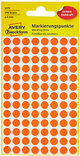 AVERY Zweckform 3177 selbstklebende Markierungspunkte (Ø 8 mm, 416 Klebepunkte auf 4 Bogen, runde Aufkleber für Kalender, Planer und zum Basteln, Papier, matt) Orange