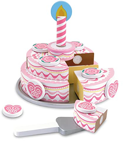 Melissa & Doug Wooden Play Food, Tiered Wooden Cake, Self-Sticking Tabs, Sturdy Construction, Multicolor, 34.29 cm H x 26.67 cm W x 6.858 cm L