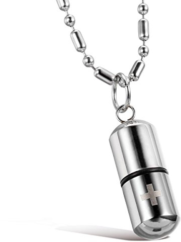 JewelryWe Schmuck Edelstahl SOS Kapsel Notfall-Kapsel Anhänger mit Kette Halskette für Damen Herren Weiss/Silber, mit Geschenk Tüte