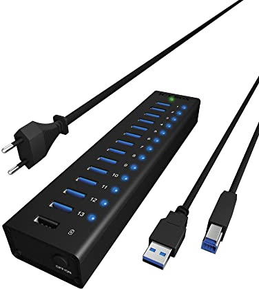 ICY BOX Box IB-AC6113 13-fach USB 3.0 Hub mit 12 V / 5 A Stromadapter, Aluminiumgehäuse und USB-Ladeport schwarz, 13x USB 3. + 1x Laden