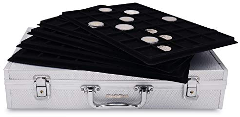 Star Collect Münzkoffer - mit 5 Tableaus für 190 Münzen/Münzkapsel bis 33 mm & 39 mm - abschließbar - Velour schwarz